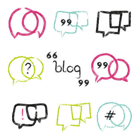 Hand drawn blog logo set. Colorful square and circle speech bubbles icons for blog chat forum design. Vector illustration.のイラスト素材