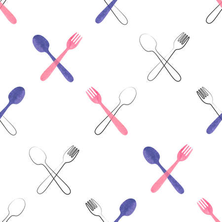 Watercolor cutlery seamless pattern in pink and purple colors. Vector background with spoons and forks.のイラスト素材