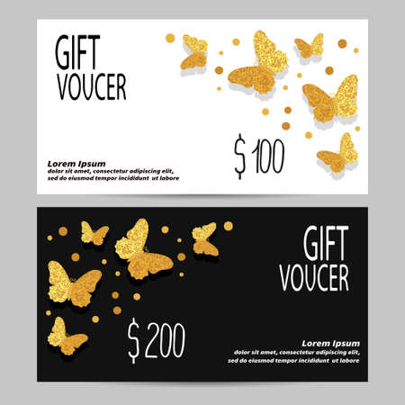 Gift voucher template with beautiful golden glittering butterflies. Design concept for gift coupon certificate flyerのイラスト素材