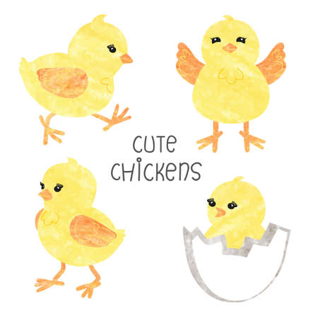 Set of cute little chickens in different poses. Funny yellow chicks isolated on white. Vector illustration.のイラスト素材
