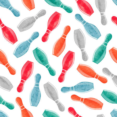 Seamless pattern with colorful watercolor bowling pins. Vector bowling background.のイラスト素材
