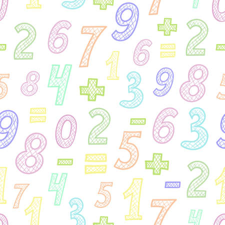Seamless pattern with colorful doodle numbers. Hand drawn vector background.のイラスト素材