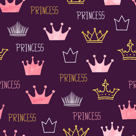 Little princess seamless pattern with watercolor and glittering crowns. Vector purple baby background.のイラスト素材
