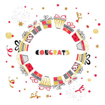 Birthday round card design with red and golden gift boxes. Vector celebration background.のイラスト素材