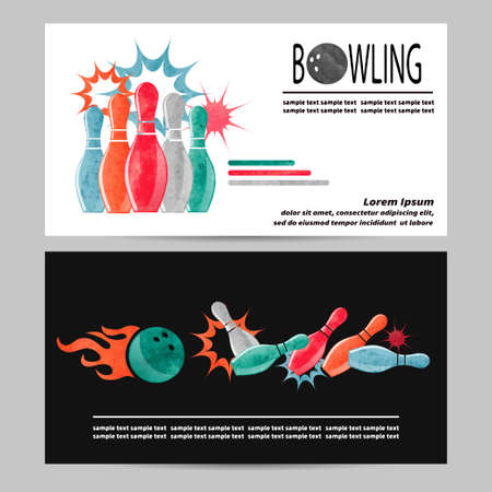 Bowling vector poster flyer or banner design. Watercolor bowling pins and balls illustration.のイラスト素材