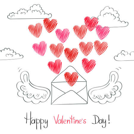Valentines day card design. Flying envelope with hearts. Romantic email vector illustration.のイラスト素材