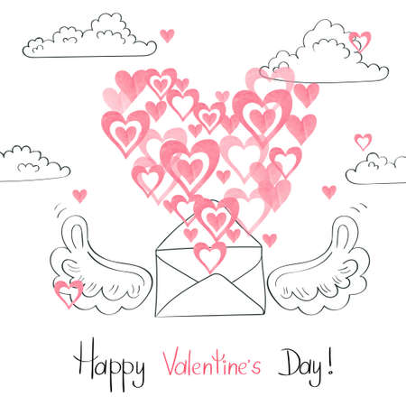 Valentines day card design. Flying envelope with watercolor hearts. Romantic email vector illustration.のイラスト素材