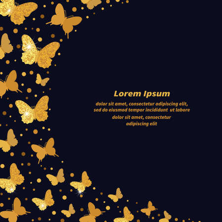 Celebration background with glittering golden butterflies on dark. Vector illustration.のイラスト素材