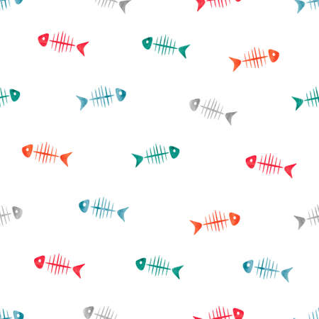 Watercolor fish bones seamless pattern. Vector background.