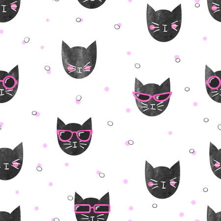 Seamless fashion pattern with cute black cats. Vector illustration.のイラスト素材