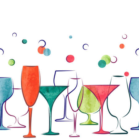 Cocktail party invitation or wine menu design. Vector border with colorful watercolor cocktail glasses.のイラスト素材