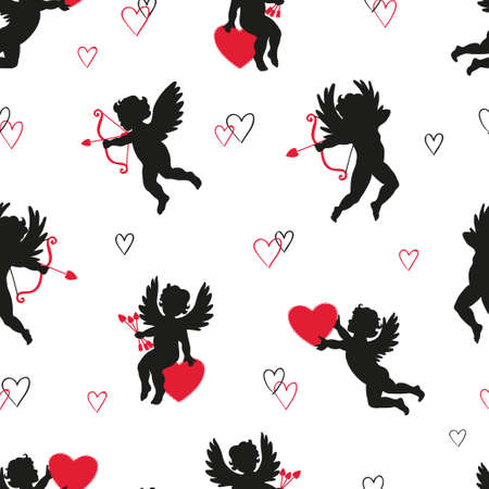 Cute Cupids seamless pattern. Vector Valentines background with angels silhouettes.