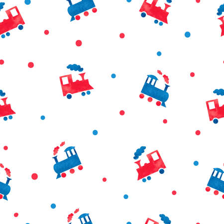 Watercolor toy trains seamless pattern. Vector illustration for kids design.のイラスト素材