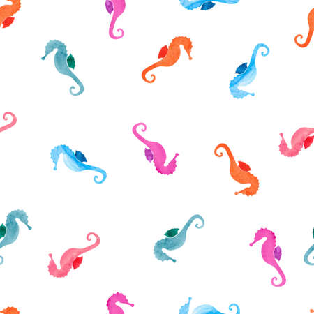Watercolor sea horses seamless pattern. Vector colorful seahorse background.のイラスト素材