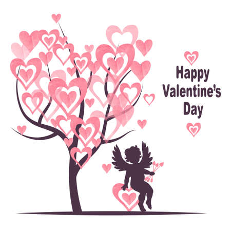 Valentines Day card design with Love tree and cute cupid. Vector romantic illustration.のイラスト素材