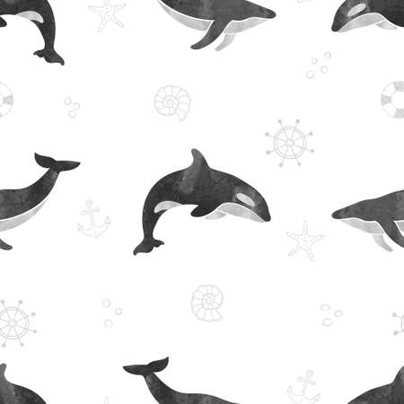 Watercolor whales seamless pattern. Vector black and white background with fin and killer whales.のイラスト素材