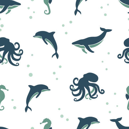 Seamless sea animals pattern. Vector background with whale dolphin octopus seahorse.のイラスト素材