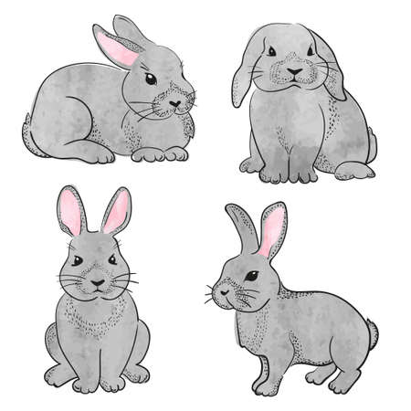 Set of cute watercolor rabbits isolate on white. Vector illustration of lovely bunnies.のイラスト素材