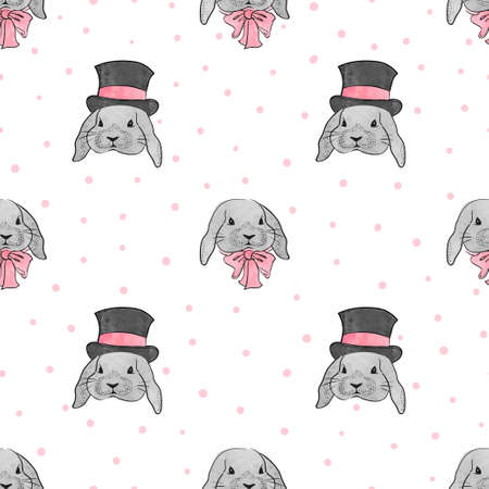 Seamless pattern with cute watercolor fashion rabbits. Vector background for kids design.のイラスト素材