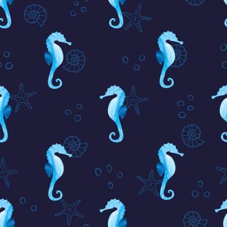 Watercolor blue seamless pattern with sea horses and starfishes. Vector sea background.のイラスト素材