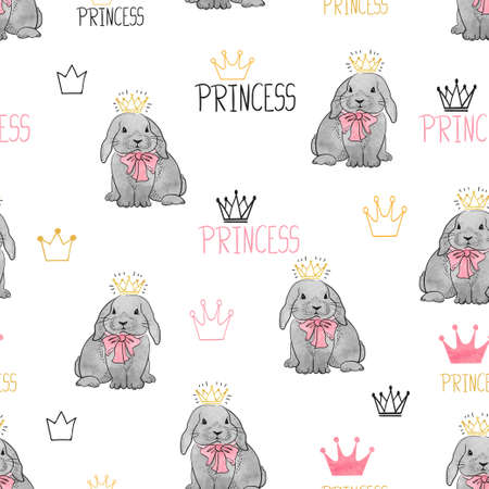 Seamless pattern with cute princess rabbits. Vector background for kids design.のイラスト素材