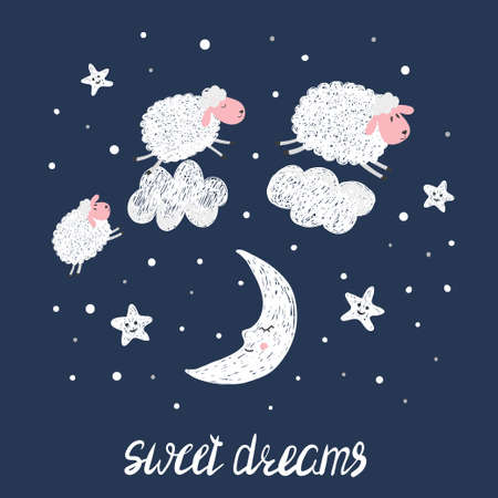 Sweet dreams vector illustration for kids. Cute sheep stars and moon.のイラスト素材