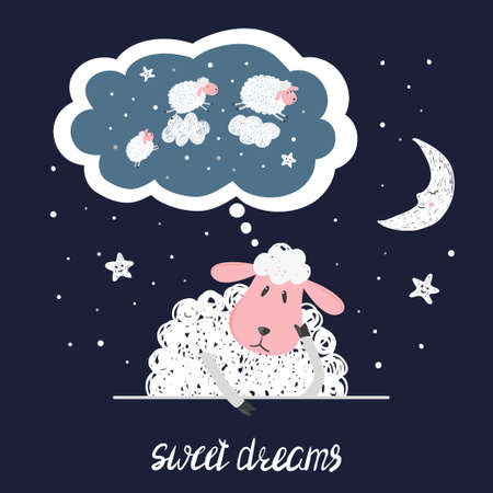Sweet dreams vector illustration. Cute sheep stars and moon.のイラスト素材