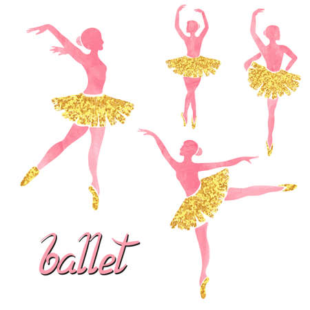 Vector set of of ballerinas in watercolor pink and glittering gold colors. Poses of ballet.のイラスト素材