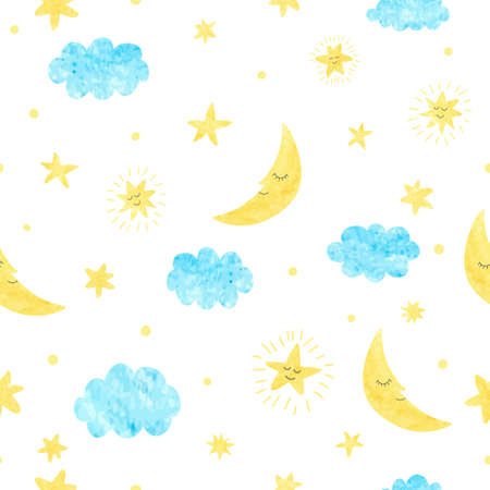 Childish seamless pattern with moon clouds and stars. Vector background for kids design.のイラスト素材