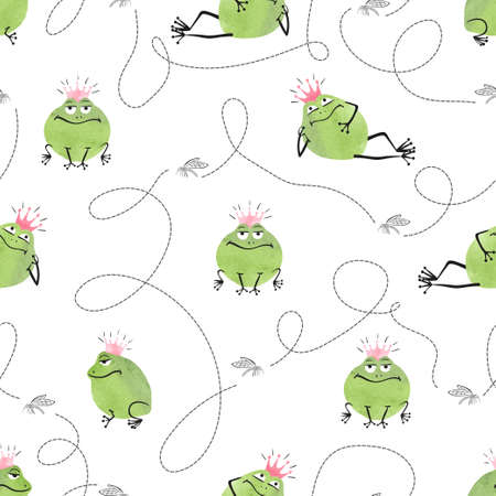 Seamless pattern with cute frogs and mosquitoes. Vector funny background for kids.のイラスト素材