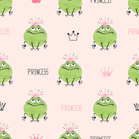 Seamless cute princess frogs pattern. Vector background for kids design.のイラスト素材