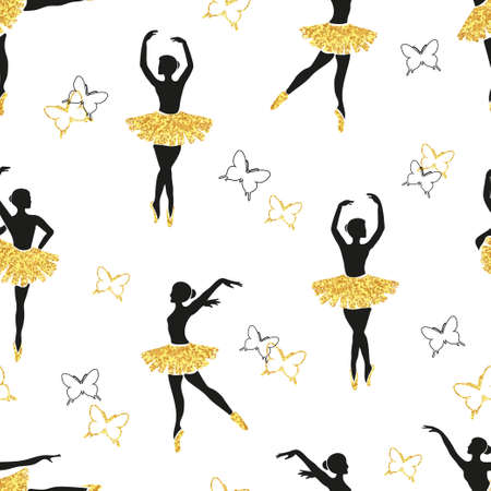 Seamless pattern with dancing ballerinas and butterflies. Vector illustration.のイラスト素材