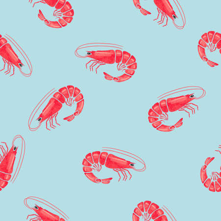 Seamless pattern with watercolor shrimps. Vector illustration.のイラスト素材