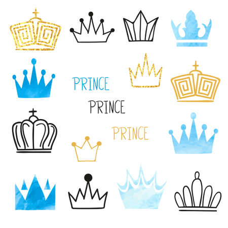 Set of doodle sketch watercolor crowns for design. Vector illustration.のイラスト素材
