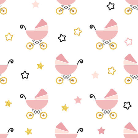 Baby shower seamless pattern. Vector background with pink carriages and stars.のイラスト素材