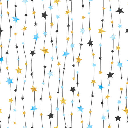 Seamless stars pattern in blue black and golden colors. Vector celebration background.のイラスト素材