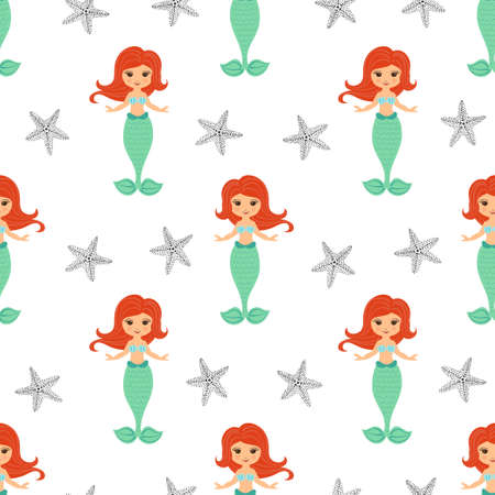 Seamless cute little mermaids pattern. Vector cartoon illustration.のイラスト素材