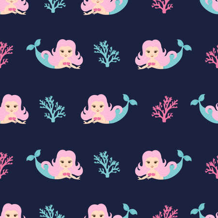Cute little mermaids seamless pattern. Vector kids background.のイラスト素材
