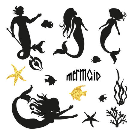 Set of black mermaid silhouettes isolated on white. Vector illustration.のイラスト素材