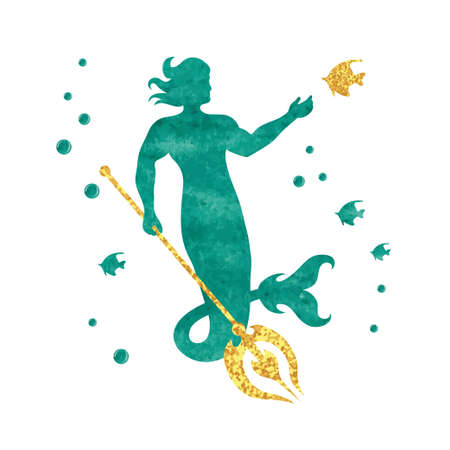 Watercolor merman silhouette. Vector illustration of male mermaid.のイラスト素材