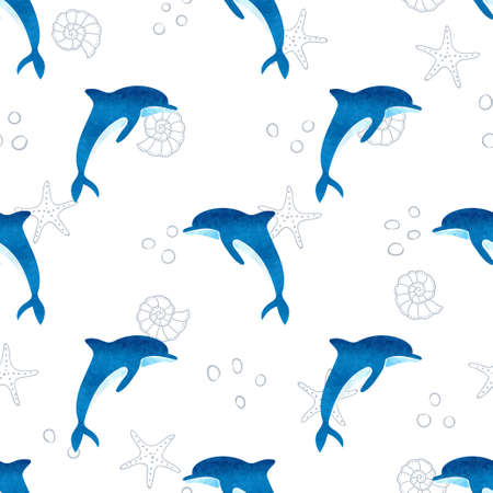 Seamless watercolor dolphins pattern. Vector marine background.のイラスト素材