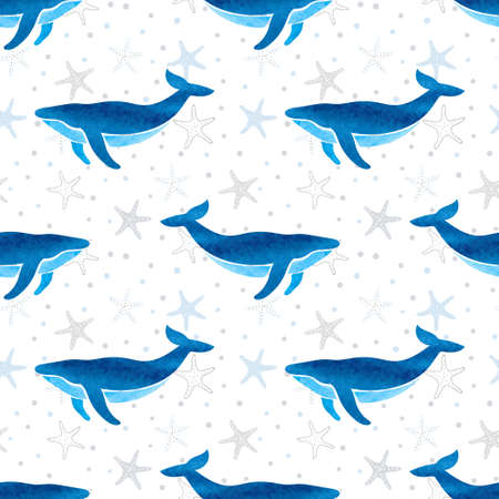 Seamless watercolor whale pattern. Vector marine background.のイラスト素材