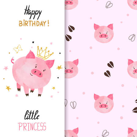 Birthday greeting card design for little girl. Vector illustration of cute little princess pig.のイラスト素材
