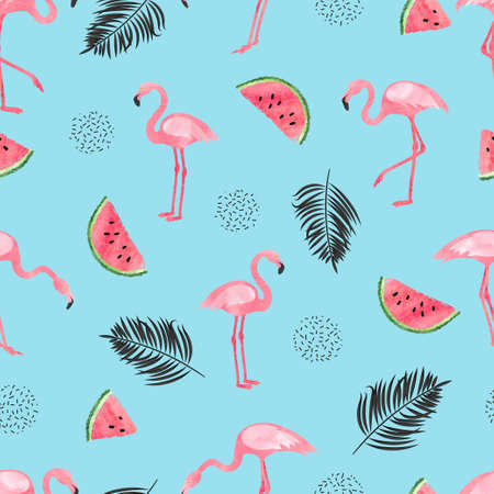 Seamless tropical trendy pattern with watercolor flamingos watermelon and palm leaves on blue. Vector summer background.のイラスト素材