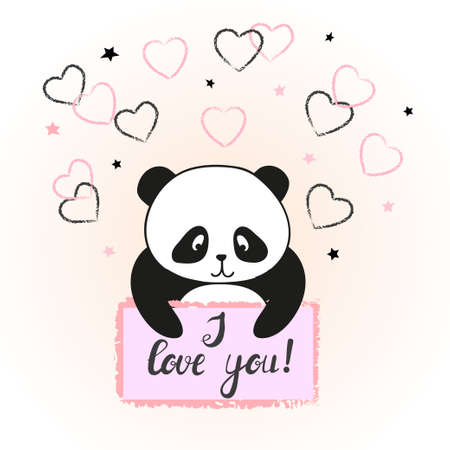 Vector illustration of cute cartoon panda bear in love. Valentine card design.のイラスト素材