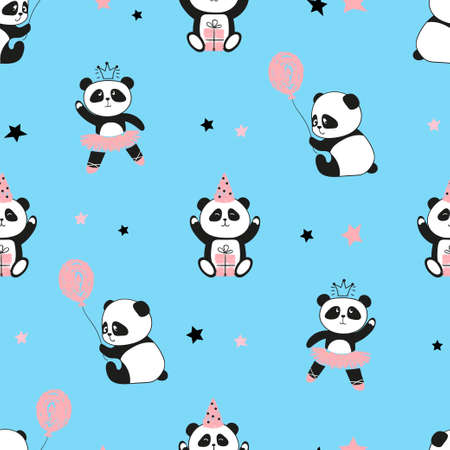 Seamless cute panda bears pattern. Vector blue background for kids design.のイラスト素材