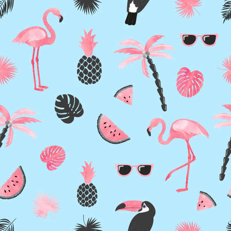 Tropical trendy pattern with watercolor flamingo watermelon slices and palm leaves. Seamless vector summer background.のイラスト素材