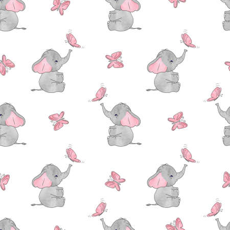 Seamless pattern with cute elephants and butterflies. Vector background for kids design. Baby print.