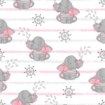 Seamless pattern with cute sailor elephants. Vector background. Baby girl print.のイラスト素材
