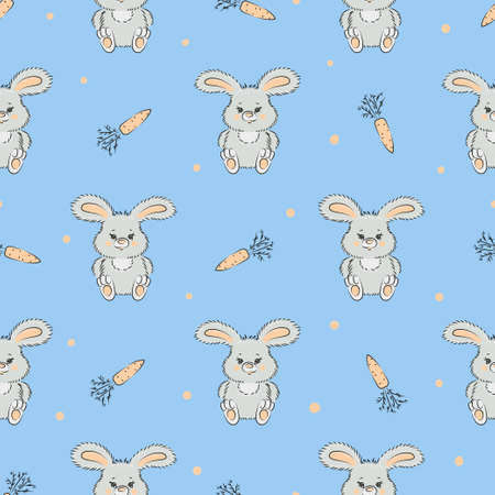 Seamless vector pattern with cute bunnies and carrots on blue. Baby print with rabbits.のイラスト素材